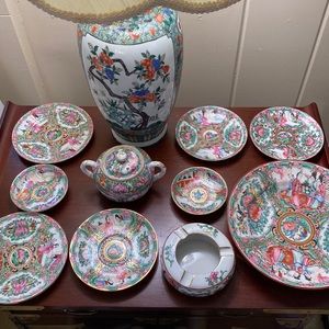 Famille Rose ashtray, plates, and sugar container